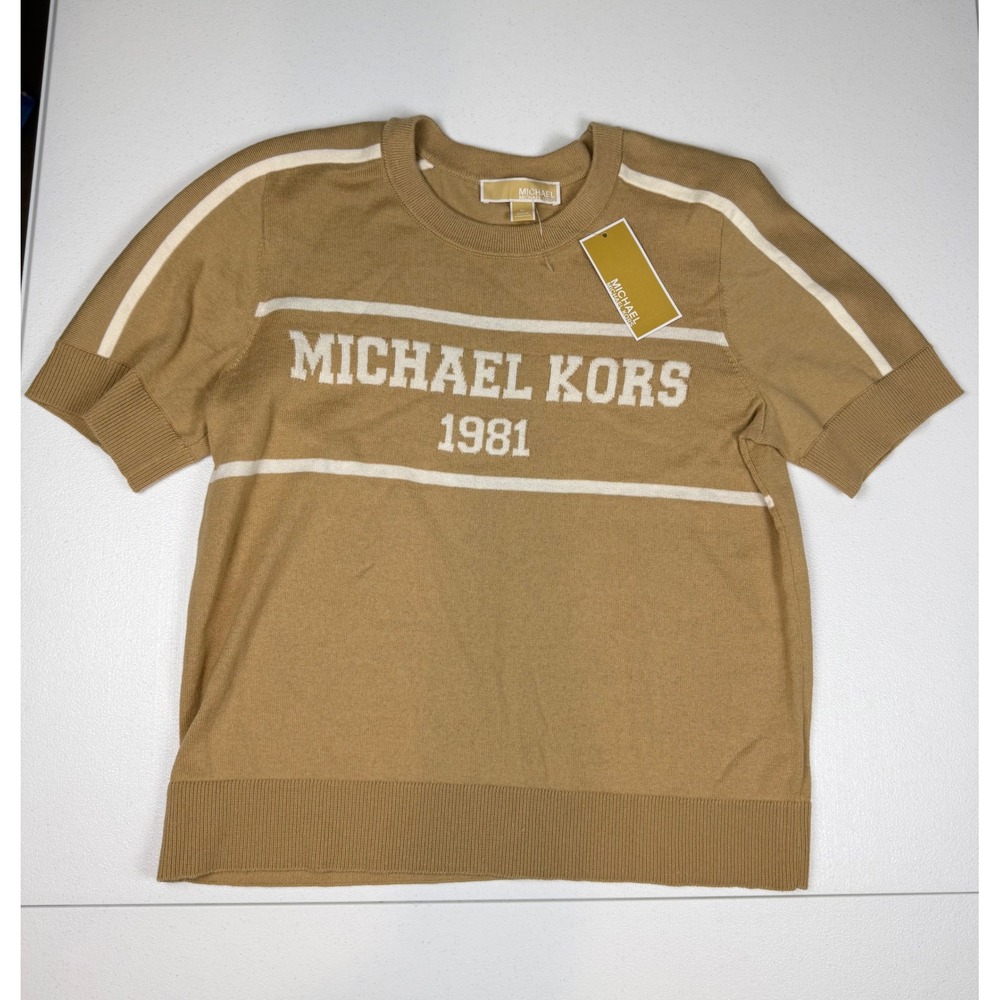 Michael Kors Womens Khaki Tan Logo 1981 Short Sleeve Crewneck Sweater Size M NEW
